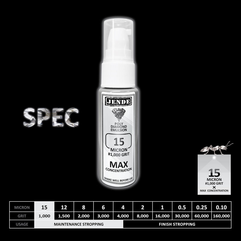 Jende 15 Micron Max Concentration Poly Diamond Knife Stropping Emulsion 20ml-Higher Diamond carat level
