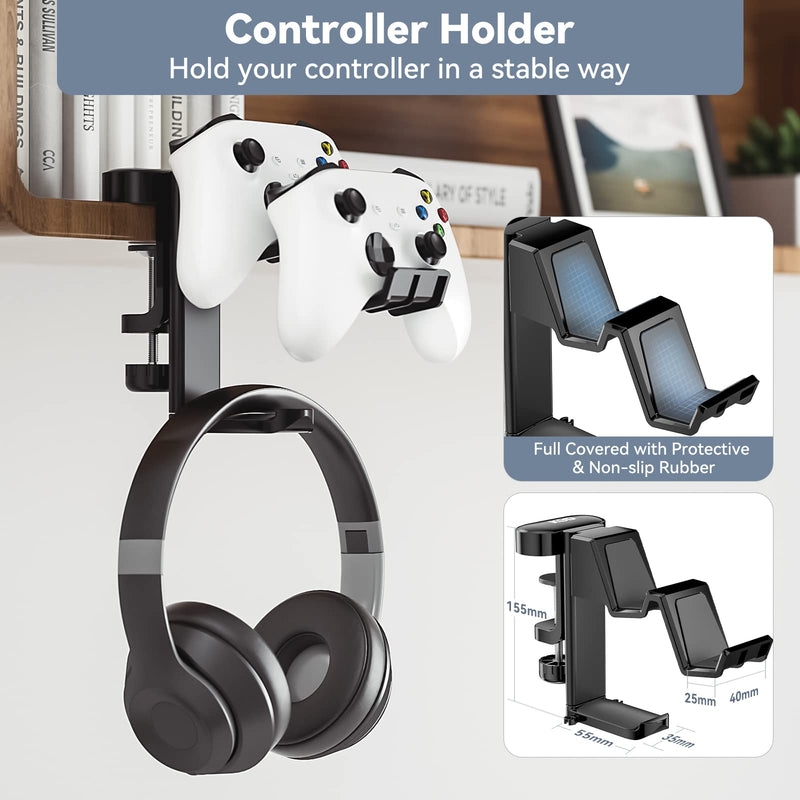 KDD Rotatable Headphone Hanger - 3 in 1 Under Desk Clamp Controller Stand Replaceable Cup Holder - Compatible with Universal Headset, Controller, Cup(Black) Black