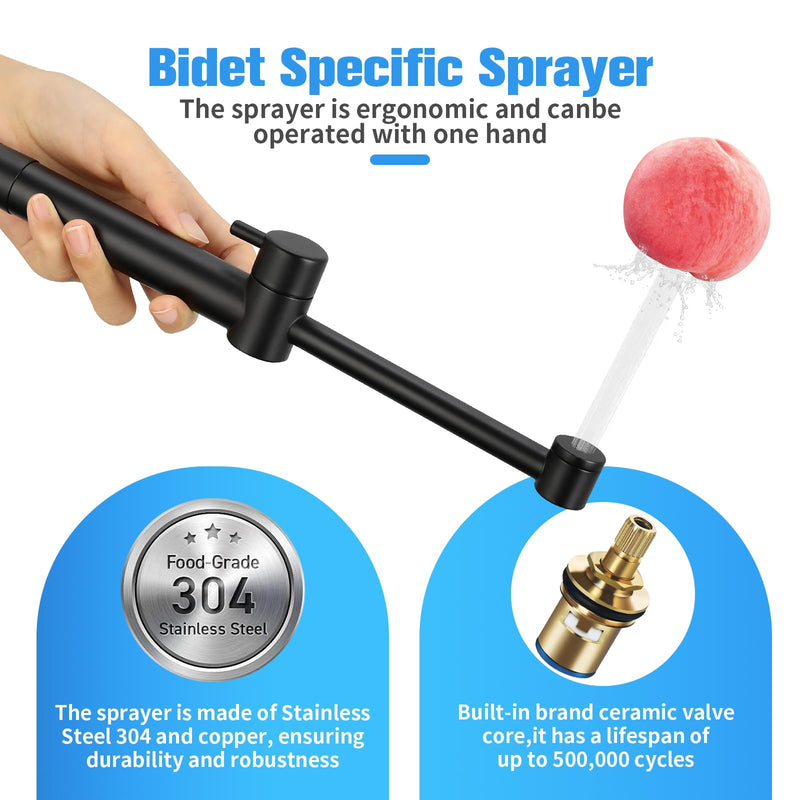 Stainless Steel Long Handle Bidet Sprayer Head，Matte Black Bidet Wand with Adjustable Knob Handle for Precise Water Control ‎Long Style Matte Black
