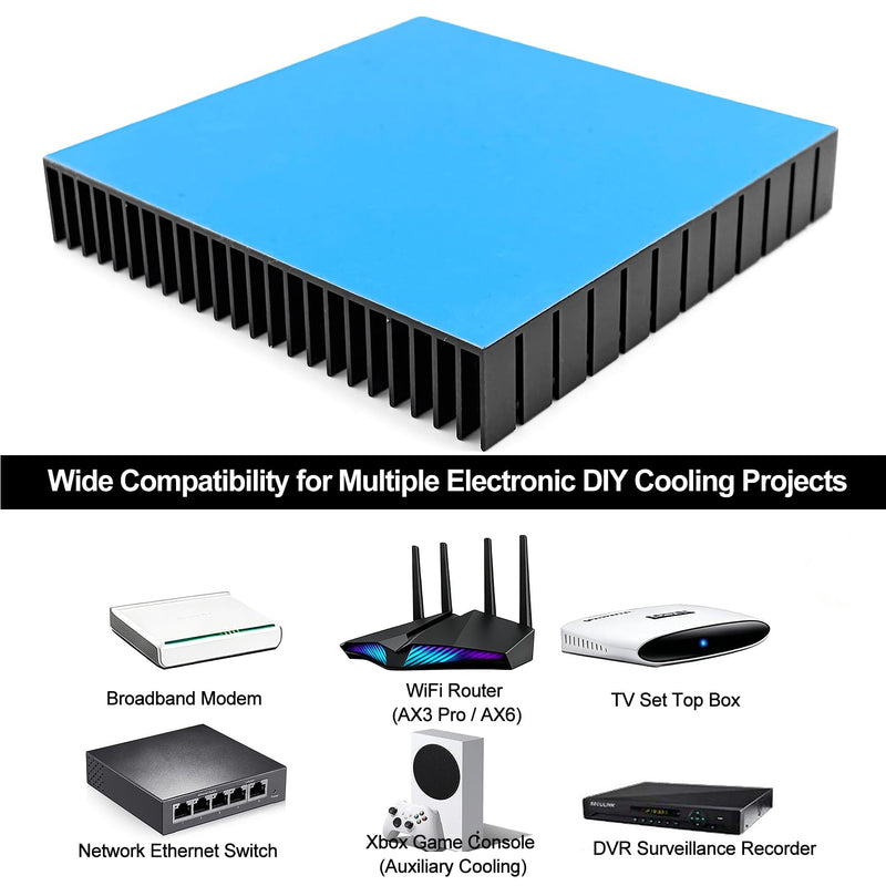 120mm Large Aluminum Heatsink 120x120x20mm / 4.72"x4.72"x0.79" Square Passive Heat Sink with Thermal Tape, Black Anodized Cooler for WiFi Router IC Power Supply Graphics Card Memory Electronic Devices