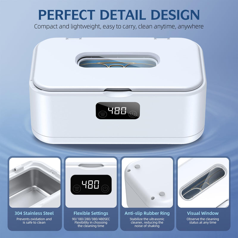 Ultrasonic Jewelry Cleaner, 50Khz Jewelry Cleaner Ultrasonic Machine for Jewelry, Eyeglasses, Rings, Watch Strap, Dentures, 24oz - 304 Stainless Steel Tank, Digital Timer White