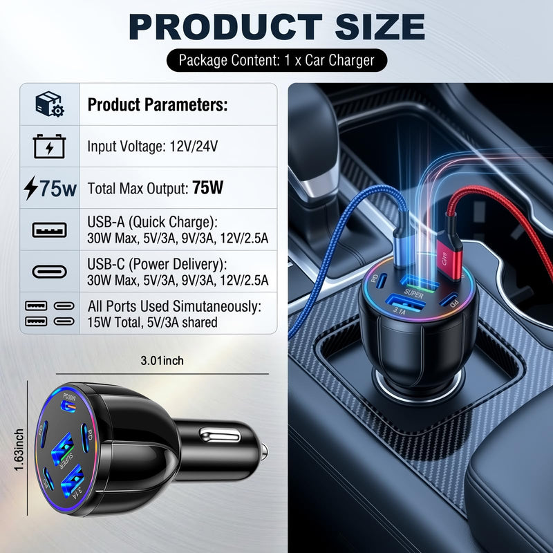 2026 Upgraded 6 Port Car Charger USB C & USB A,75W Fast Car Charger Adapter for Super/PD30W/PD/3.1A,12V/24V Cars Cigarette Lighter Chargers Cars Chargers Port for Phones,Tablets 6 Ports