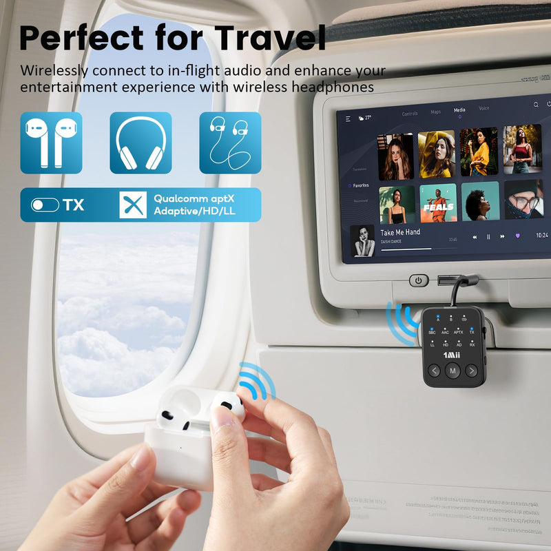 1Mii SafeFly Dot2 Bluetooth 5.3 Transmitter Receiver for Airplane, TV | 3.5mm AUX Wireless Audio Adapter, Dual Link for 2 Headphones, aptX Adaptive HD Low Latency, 25H Playtime