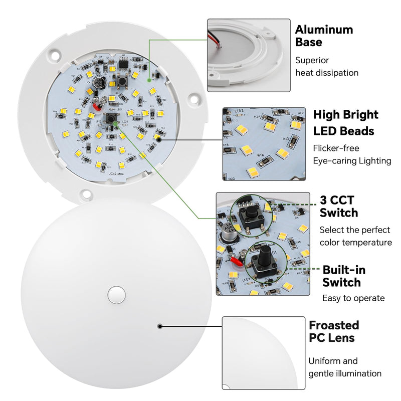 acegoo RV 3CCT 4.5'' LED Ceiling Dome Light, 3000K/4500K/6000K Switchable with Blue Nightlight 12V Puck Light for Motorhome Camper Trailer Boat, Surface Mount w/Dimmer Switch (4 Pcs) 4 Pcs