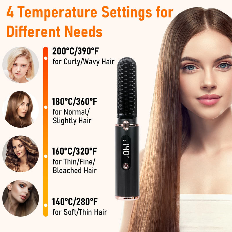 Cordless Hair Straightener Brush, Portable Hot Comb Hair Straightener Negative Ion Hair Straighteners Comb for Women 4 Temperature Beard Straightener Brush USB Rechargeable Anti-Scald Auto-Off（Black）