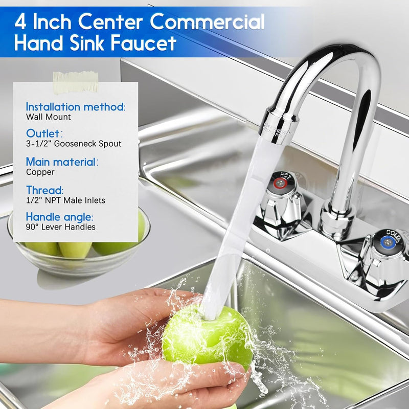 Leak-Free Commercial Hand Sink Faucet with Ceramic Valve, 4 Inch Center Wall Mount Kitchen Faucet with 3-1/2" Swivel Gooseneck Spout & Dual Knobs for Bar Restaurant Laundry, Brass Constructed