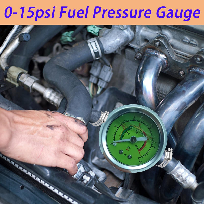 Fuel Pressure Gauge Kit, 0-15psi Glycerin Filled Fuel Pressure Gauge Kit, 1-1/2" Dial Size Fuel Pressure Gauge for Car, 1/8'' NPT Inline Fuel Pressure Gauge with 3/8'' 5/16'' Barb, Back Mount