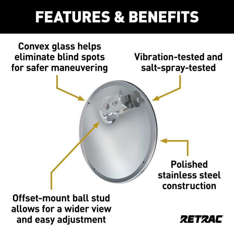 Retrac 609898 8-1/2-Inch Stainless Steel Offset-Mount Convex Mirror Head with J-Bracket, Universal Driver or Passenger Side