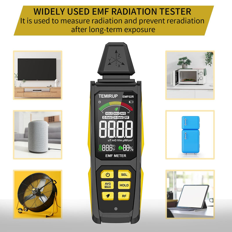 5-in‑1 EMF Detector, Electromagnetic Field Radiation Detector for EF, RF, MF, WiFi,5G Signal, Temperature/Humidity Measurement, Rechargeable EMF Meter for Home, Office, and Paranormal Investigation Yellow
