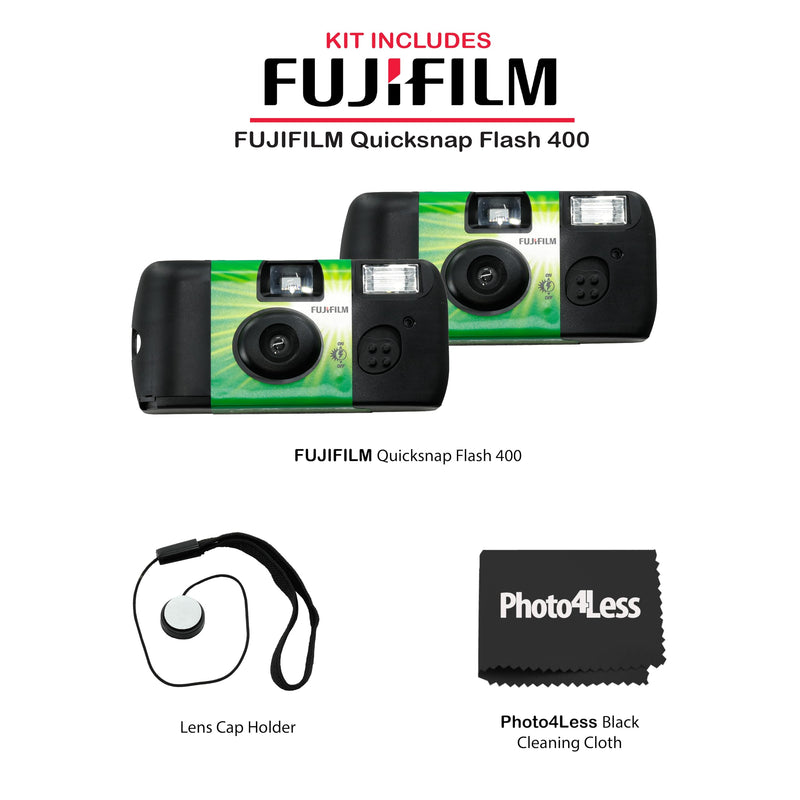 Fujifilm QuickSnap Flash 400 Disposable 35mm Camera (Pack of 2) Bundle with Hand Strap and Lens Cleaning Cloth