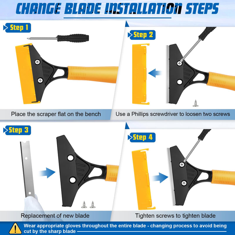 Floor Scraper Heavy Duty with Long Handle, 4 Inch Razor Blade Floor Scraper with 10PCS Extra Metal Blades,Paint Scrapers for Cleaning Wall Glass Tile Floor Paint Gum Stains Stickers Linoleum Yellow