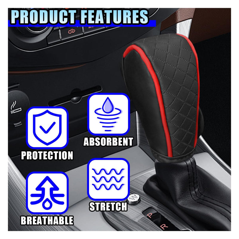 Leather Car Gear Shift Knob Cover, Anti-Slip Breathable Car Shifter Lever Cover, Automatic Shift Knob Handle Protector, Universal Auto Interior Decorative Accessory for Sedan, SUV (Black/Red) Black/Red