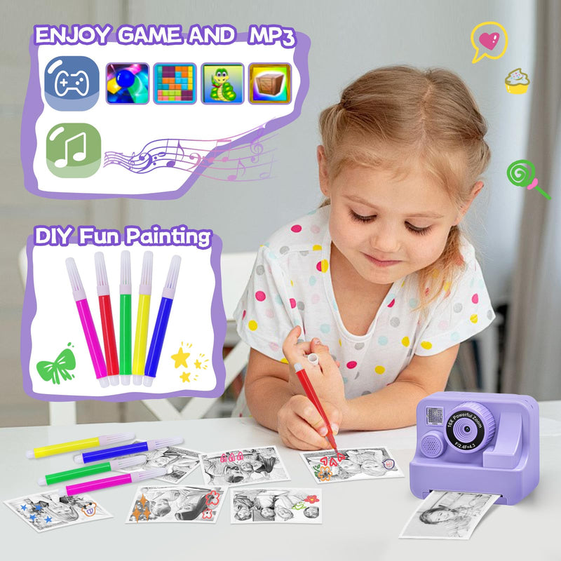 Kids Camera Instant Print, Dual Cameras Photo 1080 HD 2.4 Inch Screen Toddler Print Camera with 3 Prints Paper & 32 G,Christmas Birthday Gifts for Girls Boy 3 4 5 6 7 8 9 1s0 11 12 Year Old Purple