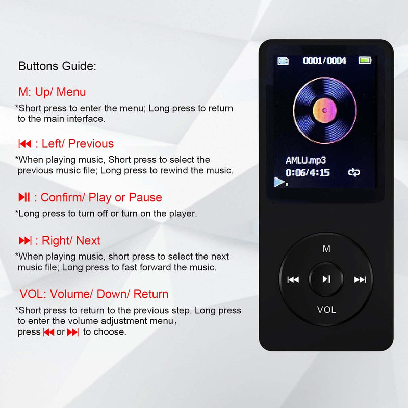 MP3 Player 32GB Music Player Voice Recorder with Speaker Earphone Portable HiFi Lossless Sound E-Book HD Screen 1.8 inch Support up to 128GB (Earphones Include) Black