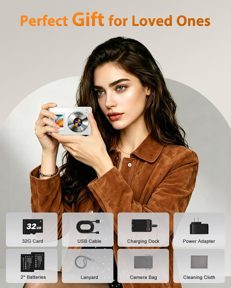 8K Digital Camera for Photography 96MP WiFi Dual Screen Camera for Kids | Vlogging Camera with 16X Zoom, Compact Point and Shoot Travel Camera for Teens Beginners with SD Card, 2 Batteries White