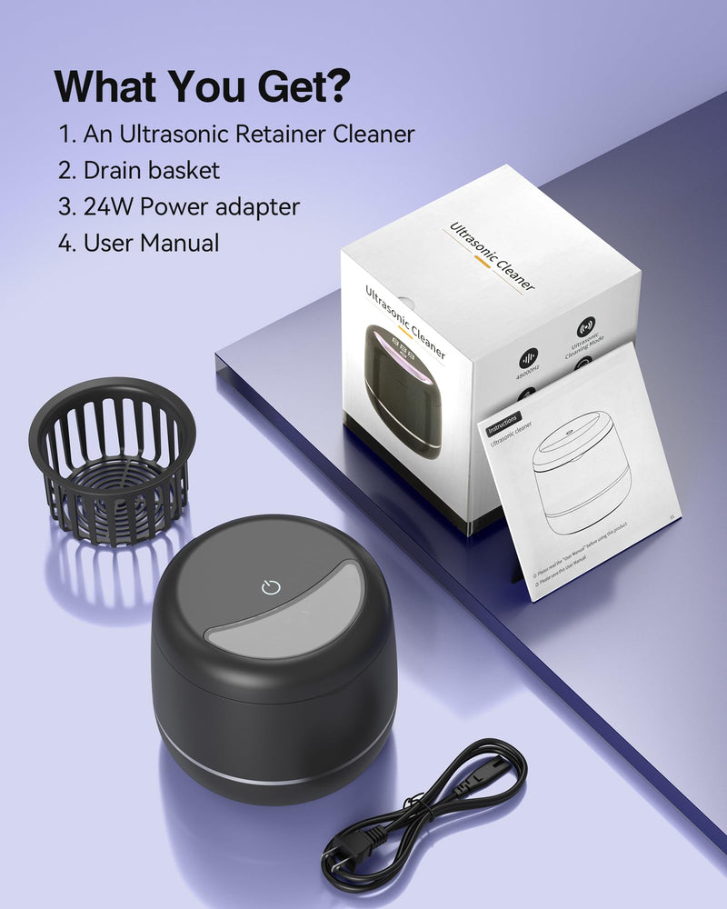 Miorcols Ultrasonic Retainer Cleaner Machine, 48kHz Denture Cleaner Machine with Dual Mode Digital Timer & 7.8OZ Large Capacity for Braces, Night Guard, Mouthguard, Toothbrush, Jewelry - Black