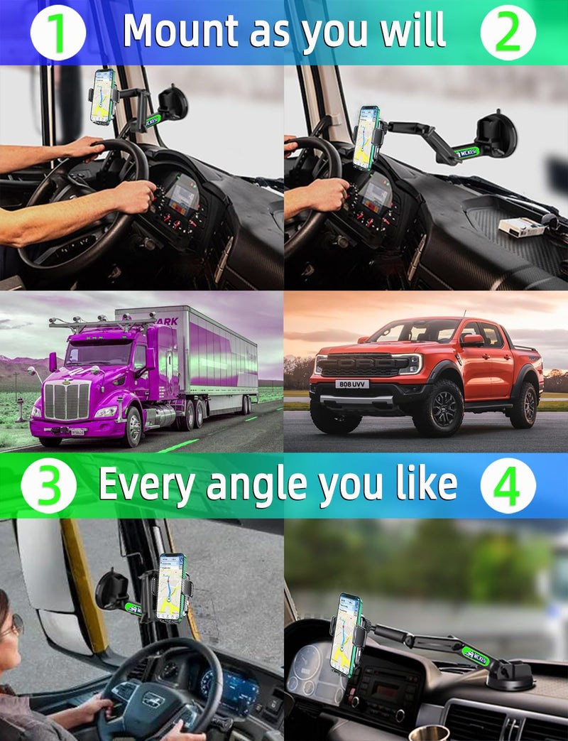 Truck Phone Holder Mount Wireless Charger Heavy Duty for Car 15W Smart Fast Charging 14 inch Long Arm Pickup Truck Windshield and Dashboard,Truck Accessories,for iPhone Samsung LG black--Wireless Charger