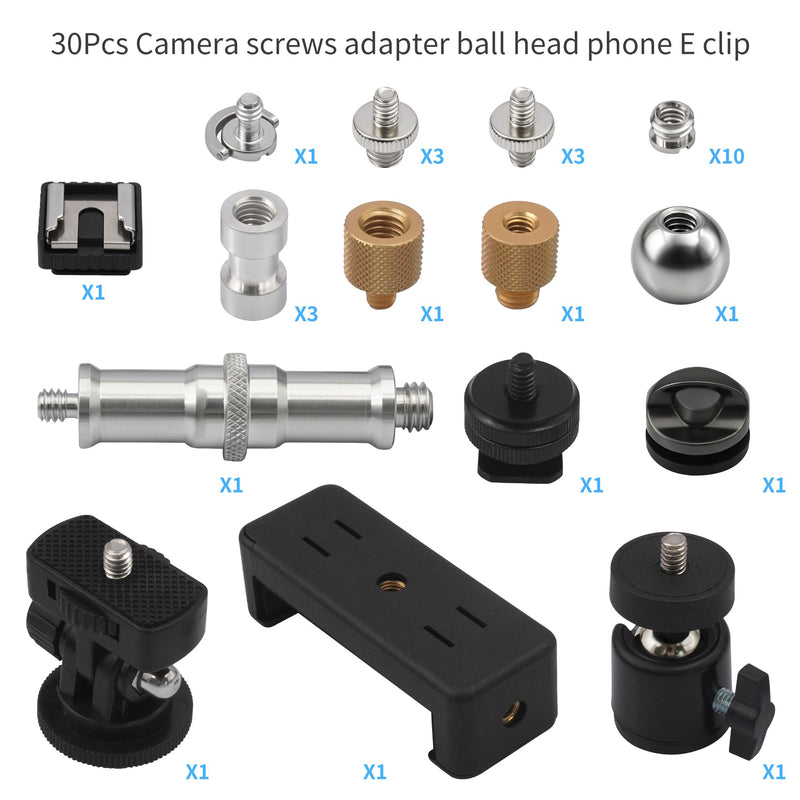 Camera Tripod Screw Adapter Kit 1/4 to 3/8 Adapter Tripod Accessories Attachments Hot Shoe E Clip for DSLR Camera 30PCS