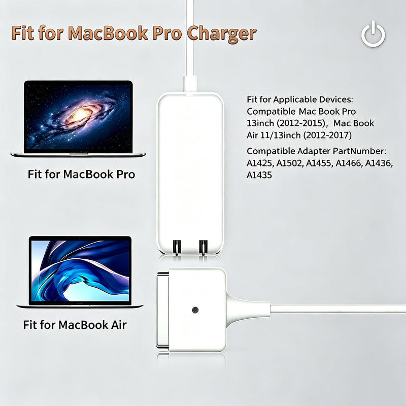 MacBook Pro/Air Charger 60W Magnetic 2 T-Tip Adapter 11-13 inch 2012-2017 | Fits A1465 A1466 A1502 A1425 MacBook Pro/Air. Multi-protection charger for 2012-2017 T-Tip port laptops