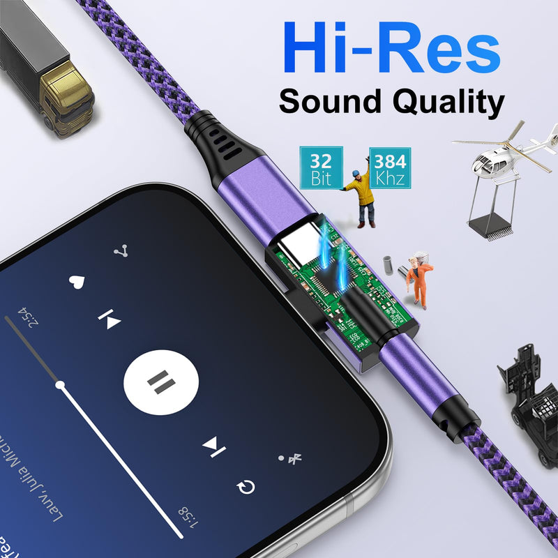 USB C to 3.5mm Audio Adapter 2 in 1 Type-C to Aux Headphone Hi-Res Adapter | with 60W Fast Charger for iPhone 17e/17 Pro Max/16e/16/15 Pro Max/Samsung Galaxy S26 Ultra/S25/S24/S23/S22/S21/S20/A17/A16 Purple