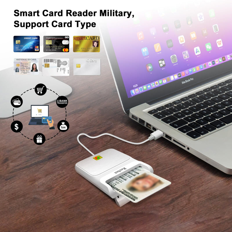 Recbot CAC Card Reader Military, CAC Reader Military, DOD Military USB Common Access CAC Smart Card Reader, Compatible with Windows, Mac OS and Linux (White) white