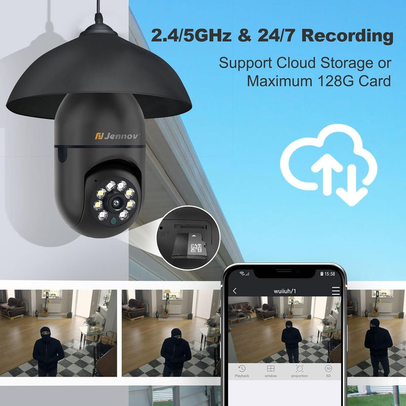 Jennov 2K Light Bulb Security Camera, Auto-Tracking Security Cameras Wireless Outdoor, 360° PTZ, Dual-Band WiFi (2.4G/5G), AI Human Detection, Indoor/Outdoor, E27 Socket-Powered, Compatible Alexa Black Light bulb Camera / 2PK