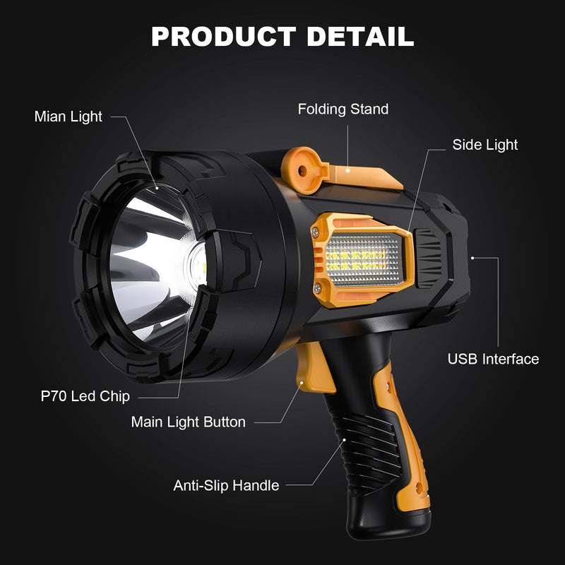 LBE Rechargeable Spotlight, Super Bright 2,000,000 Lumens Led Flashlight Handheld Spot Lights Outdoor with Cob Light, 10000ɱAh Long Lasting Large Spotlight for Hunting Boating Camping