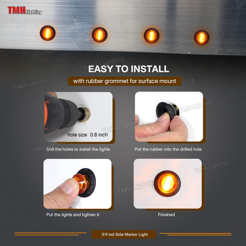 TMH 50 pcs 3/4 Inch Mount Amber 3 LED Mini Round Trailer Side Marker Indicator Lights Clearance Button Signal Lamps Universal for Trucks Lorry Boat Pickup Bus Caravan RV Waterproof Sealed Bulbs 12V DC 50pcs Amber