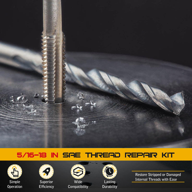 5/16-18 in Thread Repair Kit, SAE Helicoil Thread Repair Kit with HSS Drill and Stainless Inserts for All Metals, Composites, Polymers and Other Materials 5/16-18 In