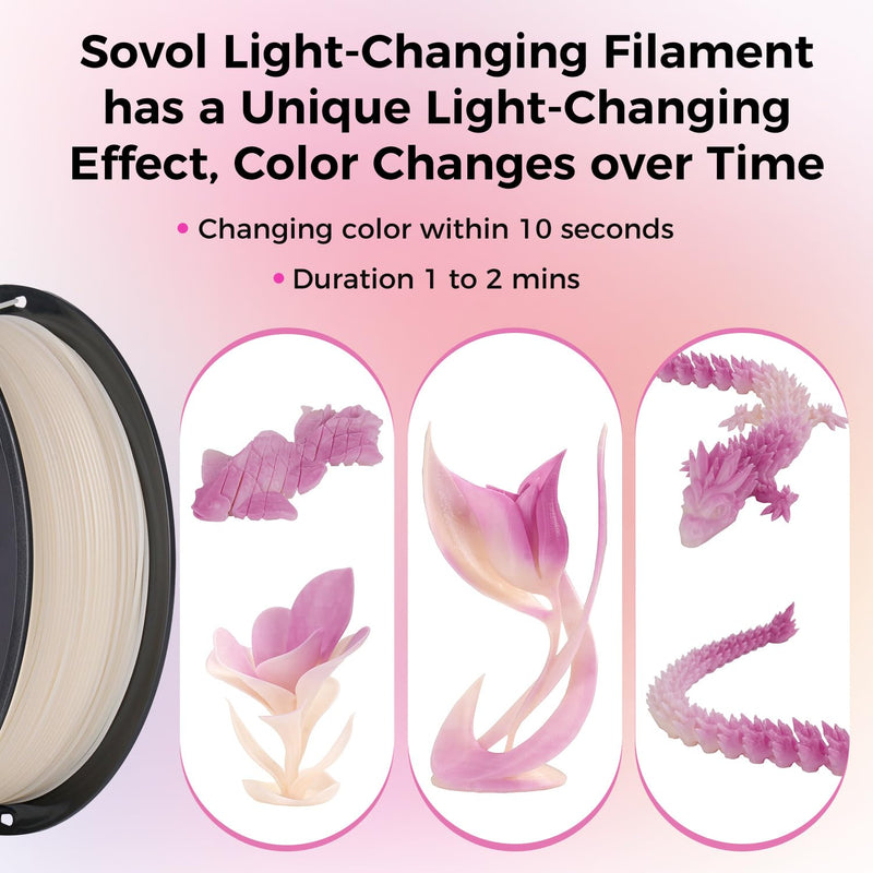 Sovol 3D Printer Photosensitive Filament Single Color Light Change PLA 1kg (2.2 lbs) Spool 3D Printing Materials, Dimensional Accuracy +/- 0.03 mm, 1.75 mm, Light Change Purple 1 KG