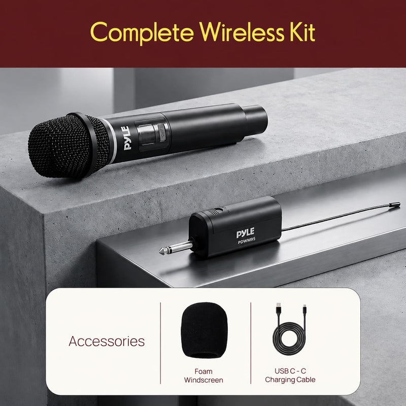 Pyle Professional USB Microphone System - 16-Channel Dynamic Portable Mic with Long-Range Clear Sound, Rechargeable Wireless Microphone for Singing, Stage, Church and Studio Usage Black