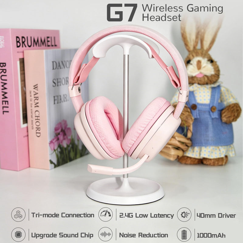 G7 Wireless Gaming Headset, Surround Sound 10ms Low Latency, PC Headset with Detachable Noise Canceling Mic, 40mm Driver, Tri-Mode 2.4G/BT5.2/Wired, Over Ear Headphone for PS5,PS4,Switch Pink