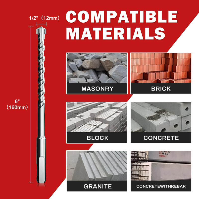 10 Pack 1/2" x 6" SDS Plus Rotary Hammer Drill Bits Set, Cross Carbide Tip, Heavy Duty Masonry Drill Bits for Concrete, Brick Hammer Drill Bits - Concrete Drill Bit Set 1/2" x 6" Length :6 inch