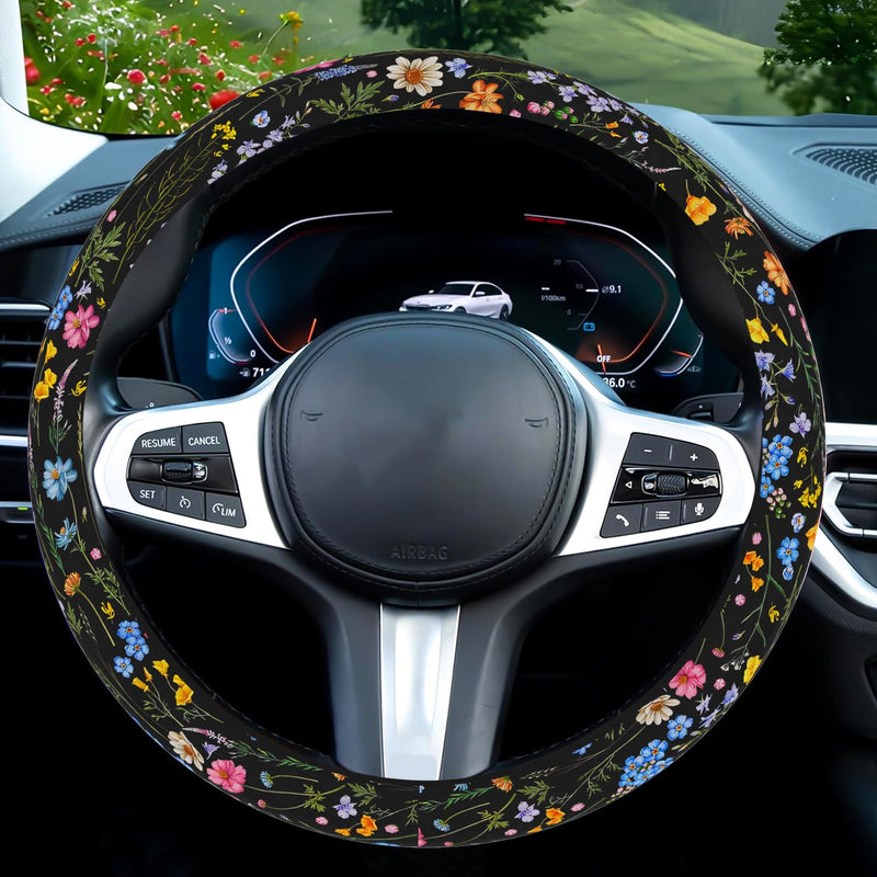 Wildflower Car Steering Wheel Cover, Flower Car Accessory for Diverse Cars, Cute Floral Print Steering Wheel Cover Protector for Women, for Steering Wheel with a Diameter of 14.5"-15" (Wildflower) Wildflower
