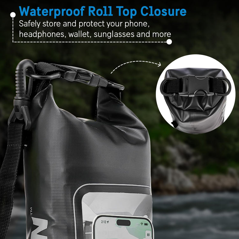 Pelican Marine IP68 Waterproof Dry Bag 2L - Roll Top Waterproof Backpack w/Phone Case/Pouch - Boating & Kayak Accessories - Essentials for Camping Swimming Beach Fishing Rafting Travel - Black Stealth Black - 2L