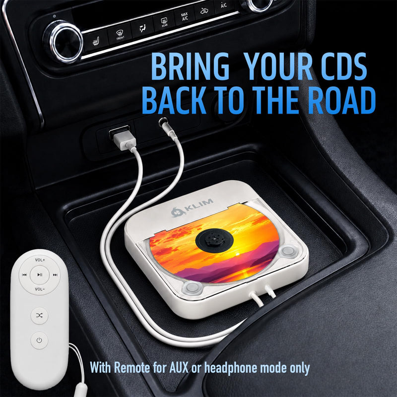 KLIM CD Player for Car – Portable USB CD Player, External CD Drive for Car, Anti-Skip, Plug & Play, AUX & USB, Remote Control, Works with Most Vehicles & Laptops