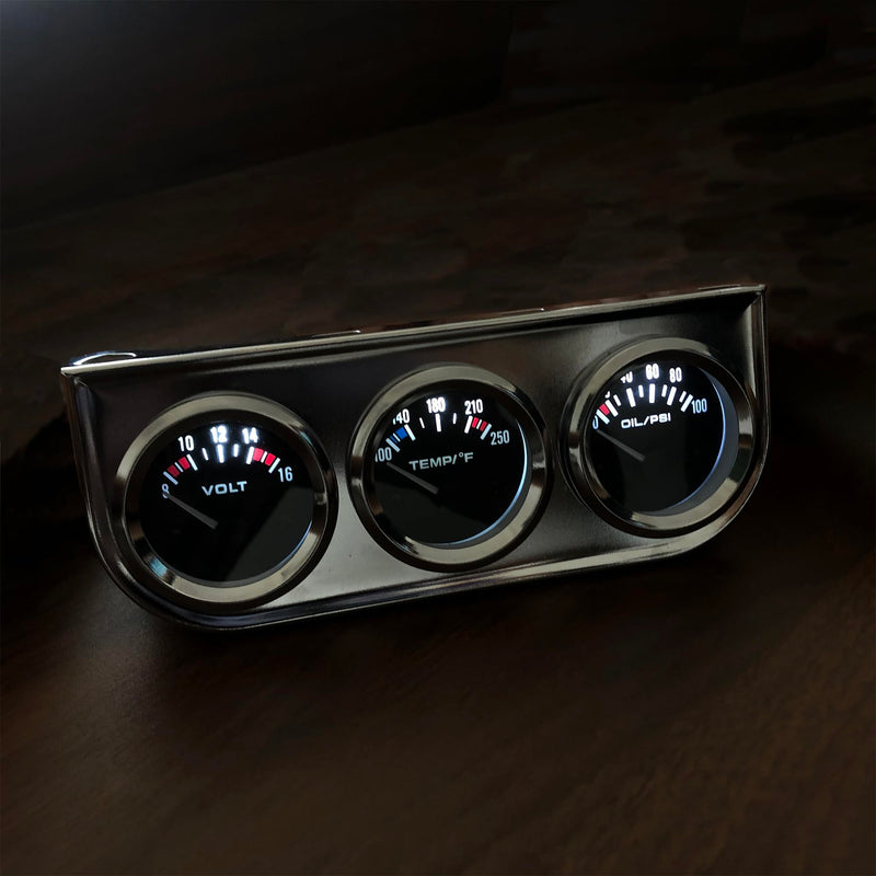 Chrome 3 in1 Triple Auto Gauge Meter Kit 52mm (8-16V Volt Meter +100-250℉ Water Temperature Gauge+ 0-100 psi Oil Pressure Meter) with Black Console for 12V Cars Multicolored
