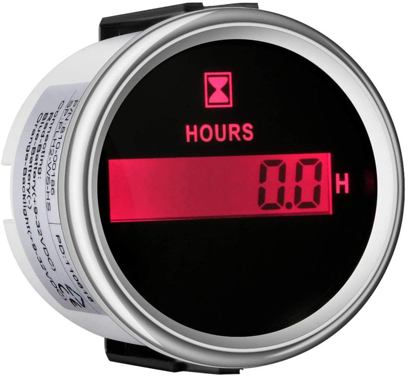 SAMDO 52MM Waterproof 2" Marine Hour Meter Boat Hour Gauge 9-32V with Red Backlight Silver