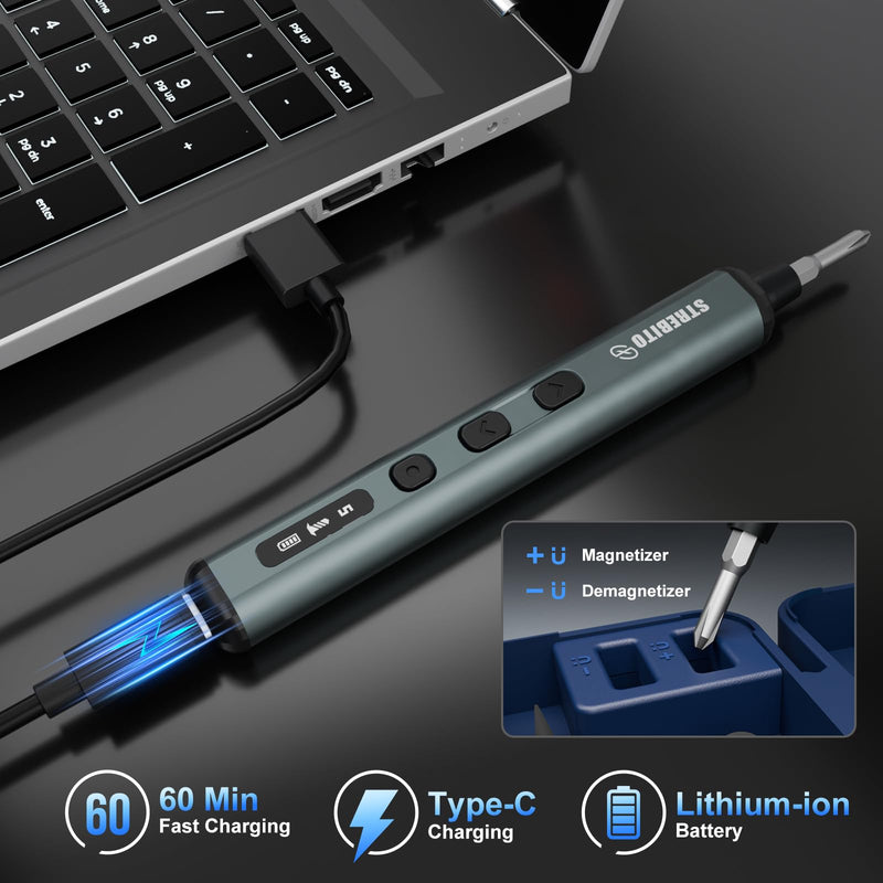 STREBITO Mini Electric Screwdriver Set, 67 in 1 Electric Precision Screwdriver - 50 S2 Magnetic Bits, 5 Torque Settings, 4 LED Lights, Electric Screwdriver Kit for PC Phone Laptop Camera Electronics Blue