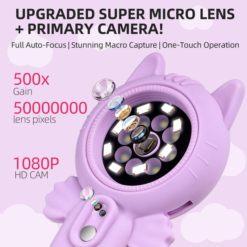 Kids Microscope – 500X Digital Pocket Handheld Microscope with Dual Cameras & Autofocus, STEM Educational Toy & Perfect Christmas Birthday Gift for Boys & Girls Ages 3 4 5 6 7 8 9 10(Pink) Pink cats