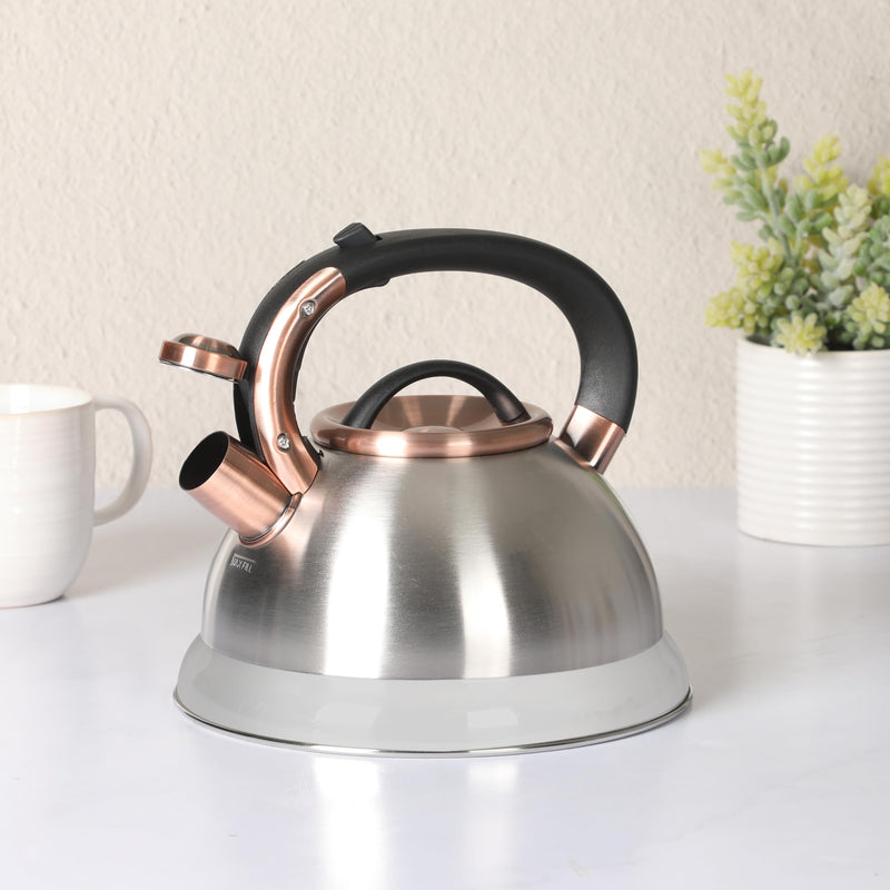 Mr. Coffee Flintshire 2.2 Quart Large Whistling Stainless Steel Tea Kettle - Brush Stainless Steel W/Copper Brushed Stainless w/ Copper 2.2 Quarts