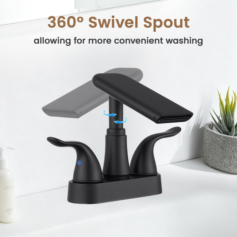 Matte Black Bathroom Faucet 4 Inch Centerset, Waterfall Plastic Bathroom Sink Faucet with Pop Up Drain, Dual Handle, 360° Swivel Spout, Fits 2 or 3 Hole Lavatory Sink, Modern Design, Non-Metallic 1 Pack Matte Black
