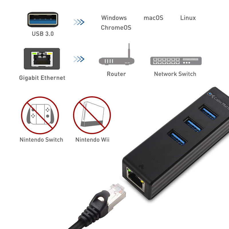Cable Matters 4-in-1 USB Hub with Ethernet, Support Gigabit Network (USB 3.0 Hub Ethernet) with 10/100/1000Mbps Network, 3X 5Gbps USBA Ports in Black