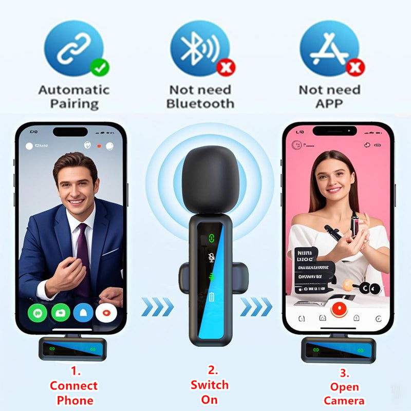 Wireless Lavalier Microphone for iPhone - iPad, Android Phone Computer, Mini Microphone for Live Streaming, Video Recording, Outdoor or Indoor Interviews, YouTube, TikTok, Vlog (Black) black