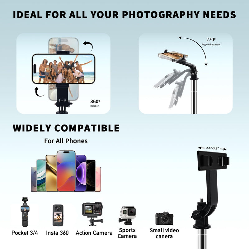 74" Selfie Stick Phone Tripod for iPhone Android Pockte3/4 Insta360 Camera | Extendable Cell Phone Tripod w Wireless Remote, 360° Rotatable Portable Travel Tripod Stand for Video Recording & Vlogging 74"