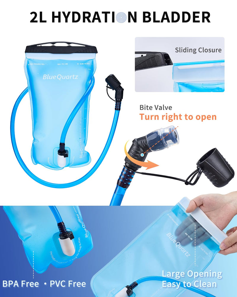 Blue Quartz Hydration Backpack with 2L Water Bladder, Hiking Water Backpack for Women Men, Lightweight Cycling Daypack with Phone Pocket & Helmet Net Bag, Hydration Pack for Biking, Running, Skiing Black Medium