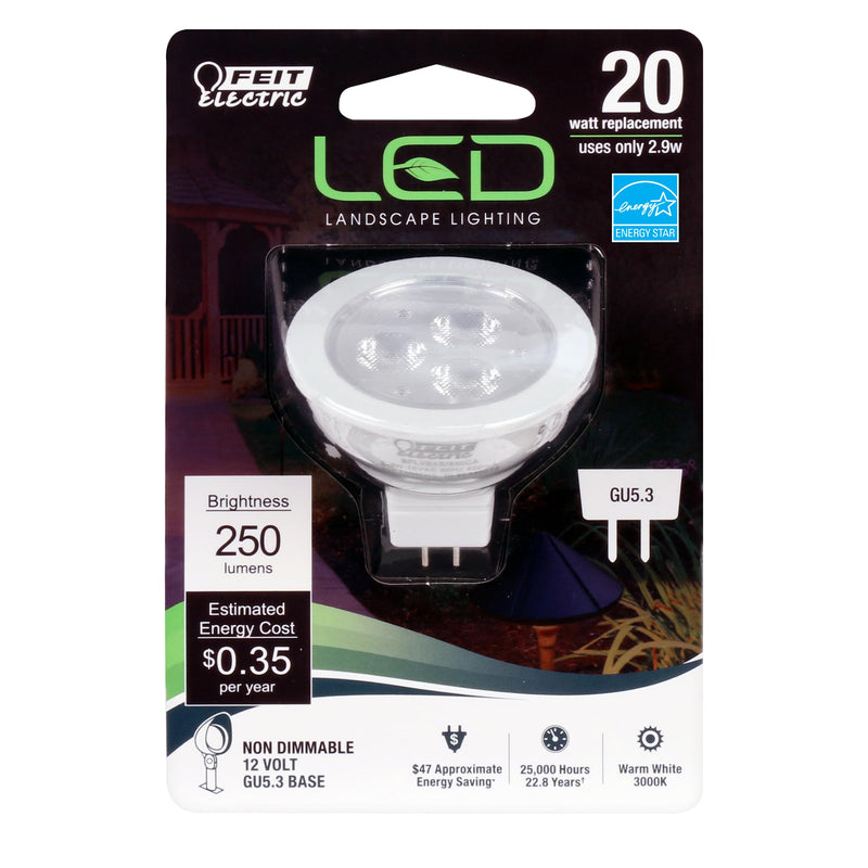Feit Electric LED MR16 Halogen Bulb, 20W Equivalent, GU5.3 Bi-Pin Base, Non-Dimmable, 250 Lumens, 3000K Warm White, Track Light Bulbs for Landscaping, 22-Year Lifetime, BPLVBAB/830CA/6, 6 Pack 20-Watt LED