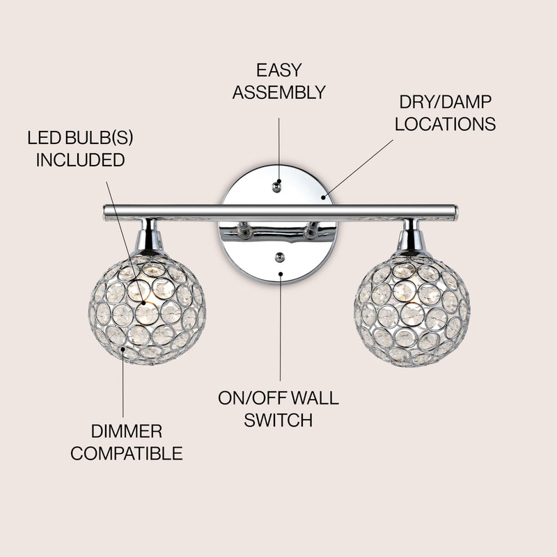 JONATHAN Y JYL7535A Maeve 13" 2-Light Iron/Glass Contemporary Glam LED Vanity Light Glam Transitional Art Deco 2700K LED 2W Bulbs Included Bathroom Hallway Living Room Bedroom Mirror Cabinet, Chrome 2 Bulb