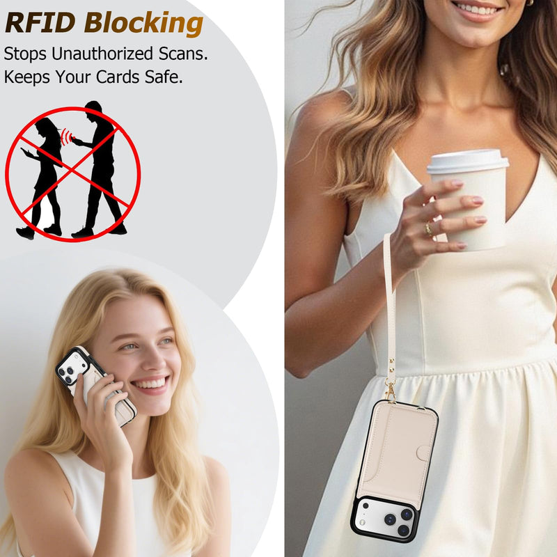 LOHASIC for iPhone 17 Pro Max Wallet Case with Strap, Card Holder, Beige | 4 Card Slots & Cash Slot, Crossbody Strap Removable, Wrist Strap, RFID Blocking, Kickstand, Vegan Leather Phone Case