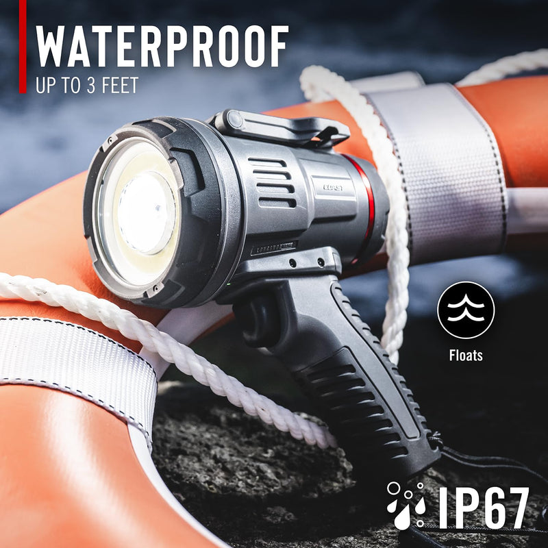 Coast LS20R 2500 Lumen Waterproof Rechargeable Spotlight, 1/4 Mile Rand, 20 Hour Runtime, Spot & Flood Beams, IP67, Floats in Water